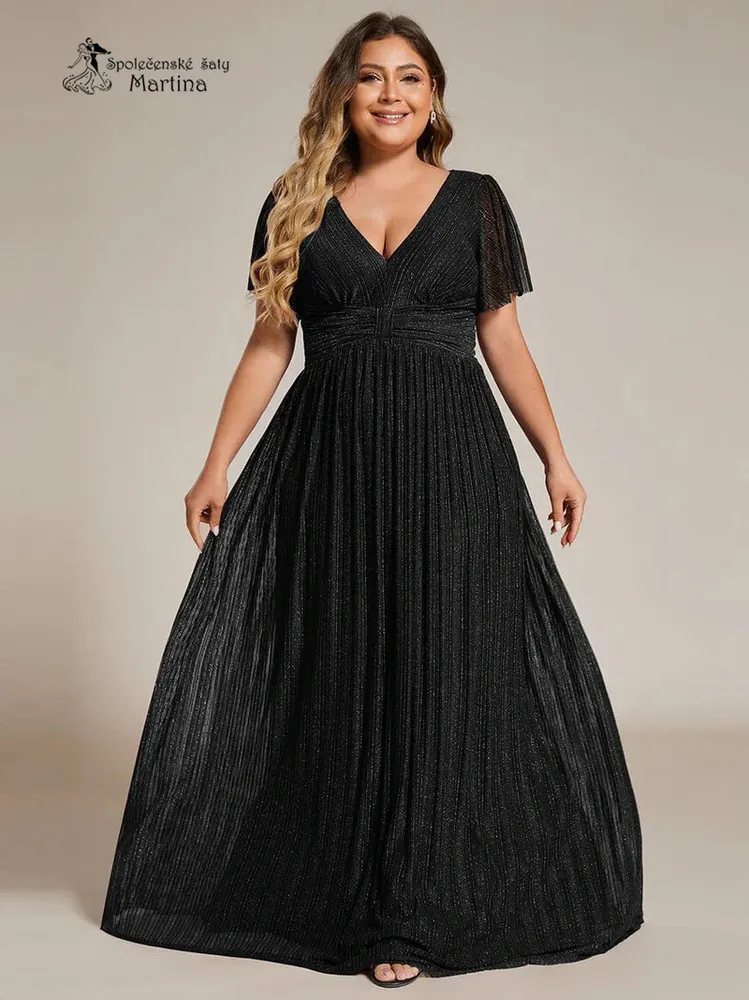Černé plus size žebrované společenské šaty "Ebonny" s krátkými rukávy 