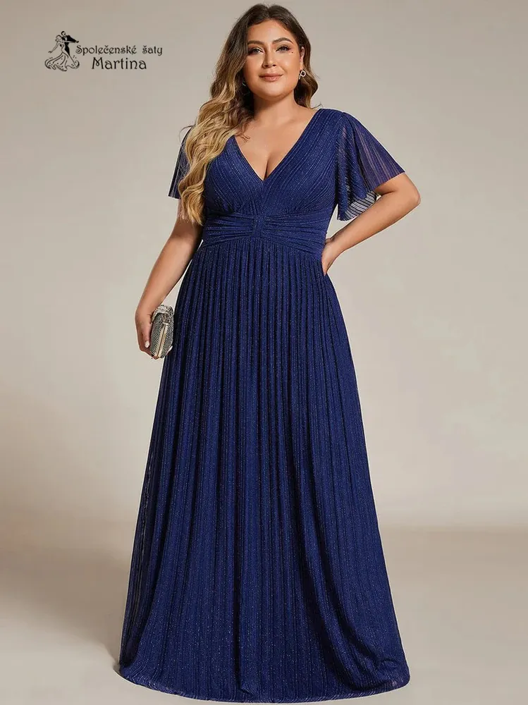 Tmavě modré plus size žebrované společenské šaty "Ebonny" s krátkými rukávy