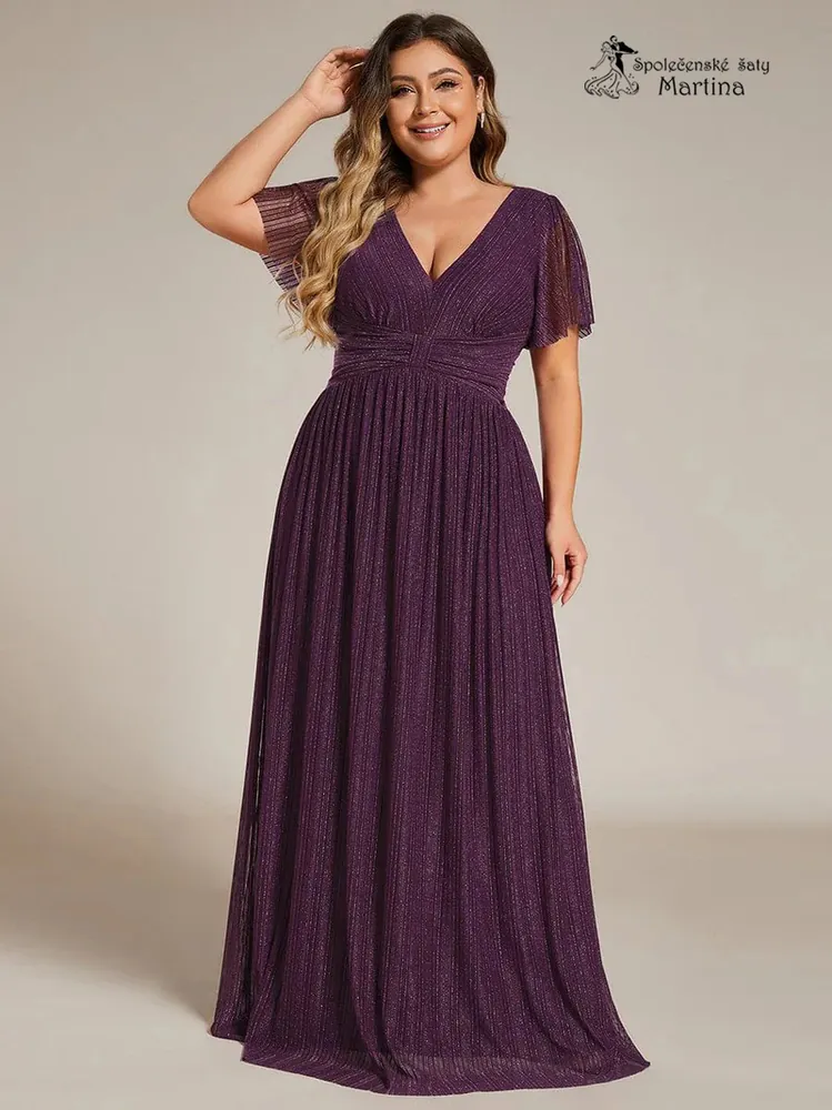 Tmavě fialové plus size žebrované společenské šaty "Ebonny" s krátkými rukávy 