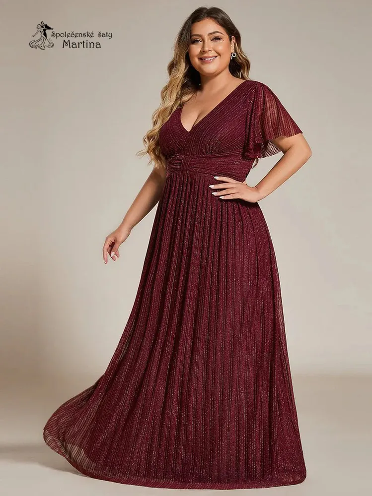 Vínové plus size žebrované společenské šaty "Ebonny" s krátkými rukávy