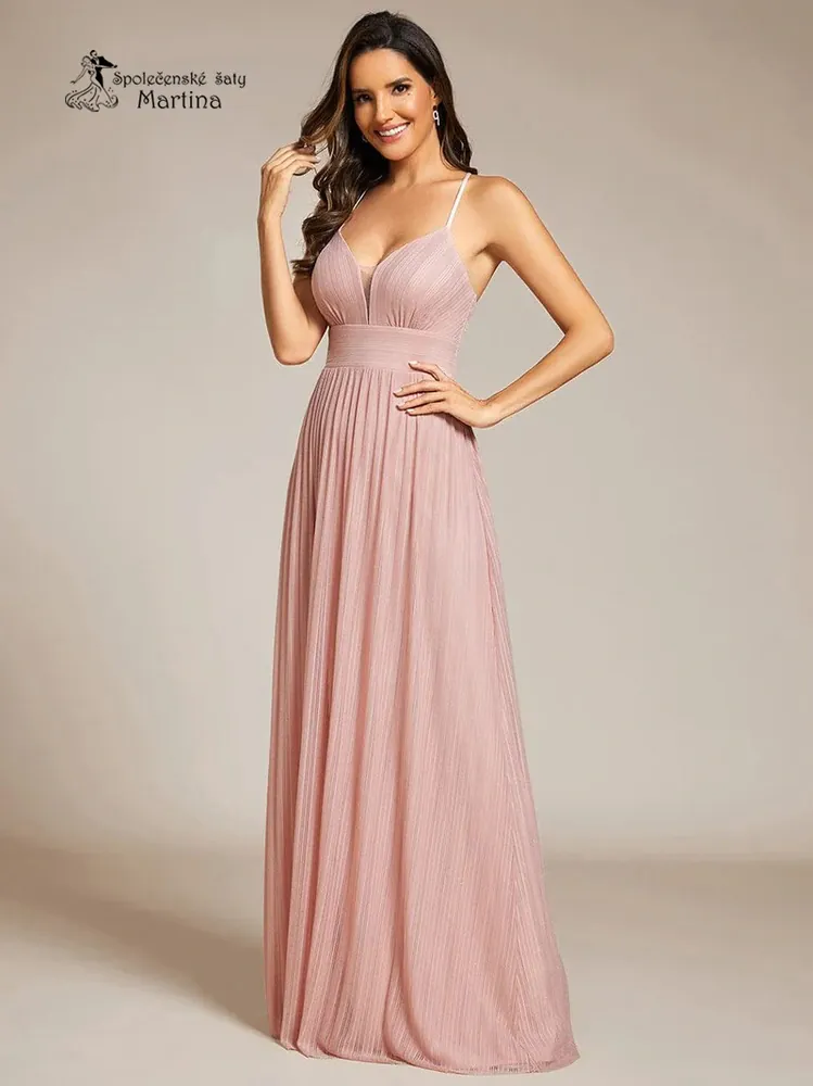 Světle růžové plisované společenské šaty "Lynna" na tenká ramínka - vel. 38