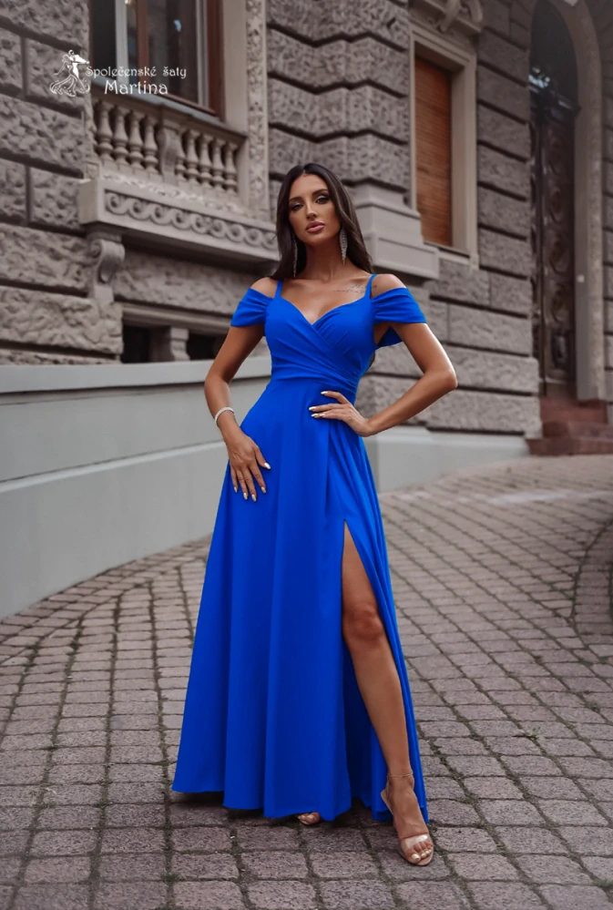 Dlouhé královsky modré hladké společenské šaty "Valentina" se spadenými rukávy