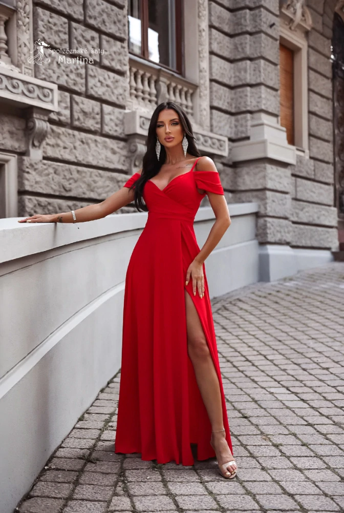 Dlouhé červené hladké společenské šaty "Valentina" se spadenými rukávy