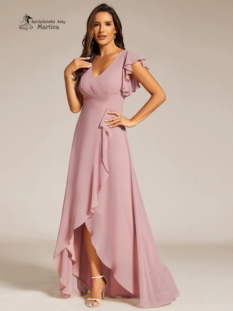 Dlouhé asymetrické starorůžové šaty s volánovými rukávy "Alexina"