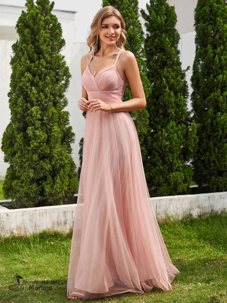 Růžové šaty s lehkou tylovou sukní a dvojitými tenkými ramínky "Leanna"