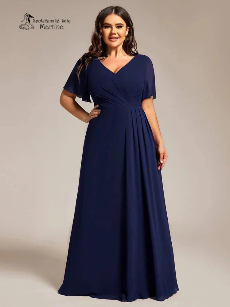 Elegantní tmavě modré společenské šaty s volnějším krátkým rukávem "Janine" - vel. 56