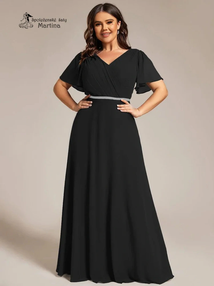 Jednoduše elegantní černé šaty s motýlími rukávy a třpytivým páskem "Claudine" - vel. 52