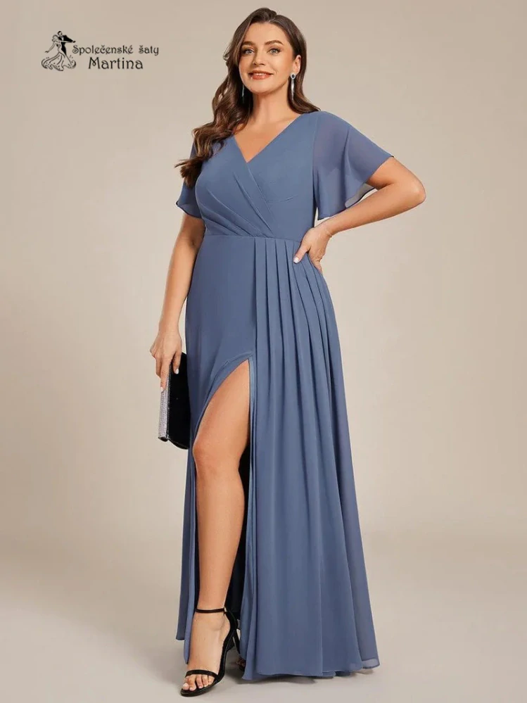 Elegantní staromodré plus size společenské šaty s volnějším krátkým rukávem "Janine"