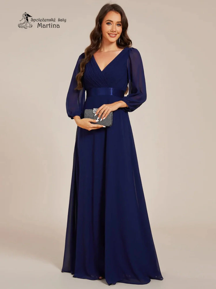 Dlouhé tmavě modré šifonové společenské šaty “Camelia” s 3/4 rukávem - vel. 36
