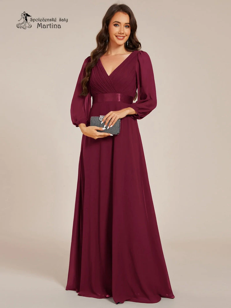 Dlouhé vínové šifonové společenské šaty “Camelia” s 3/4 rukávem