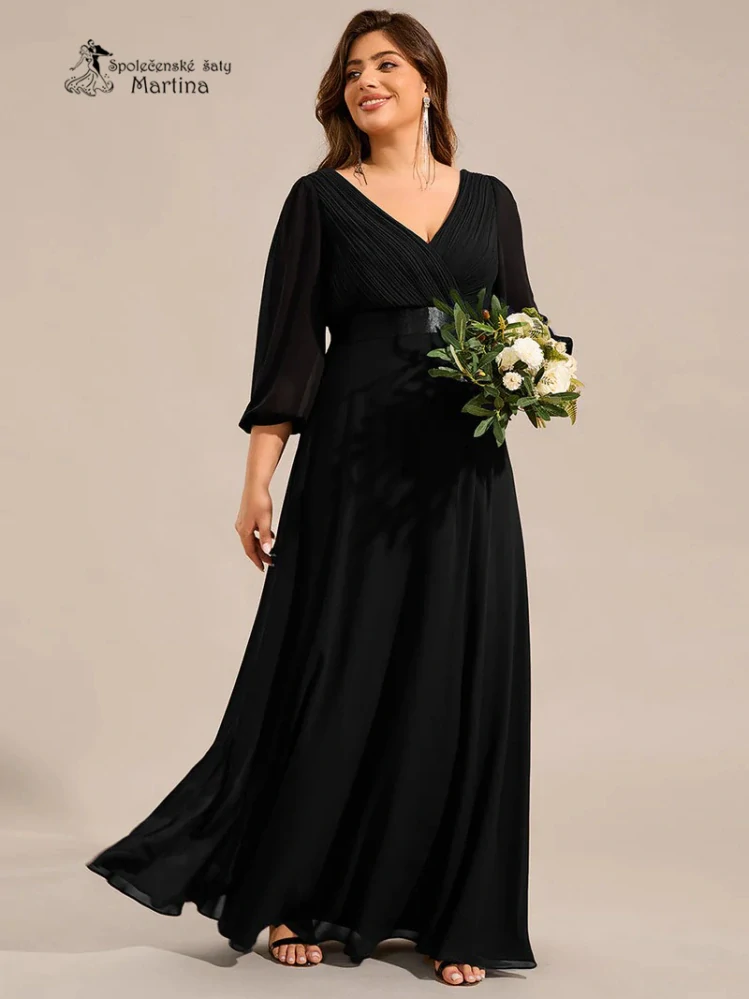 Dlouhé XXL černé šifonové společenské šaty “Camelia” s 3/4 rukávem