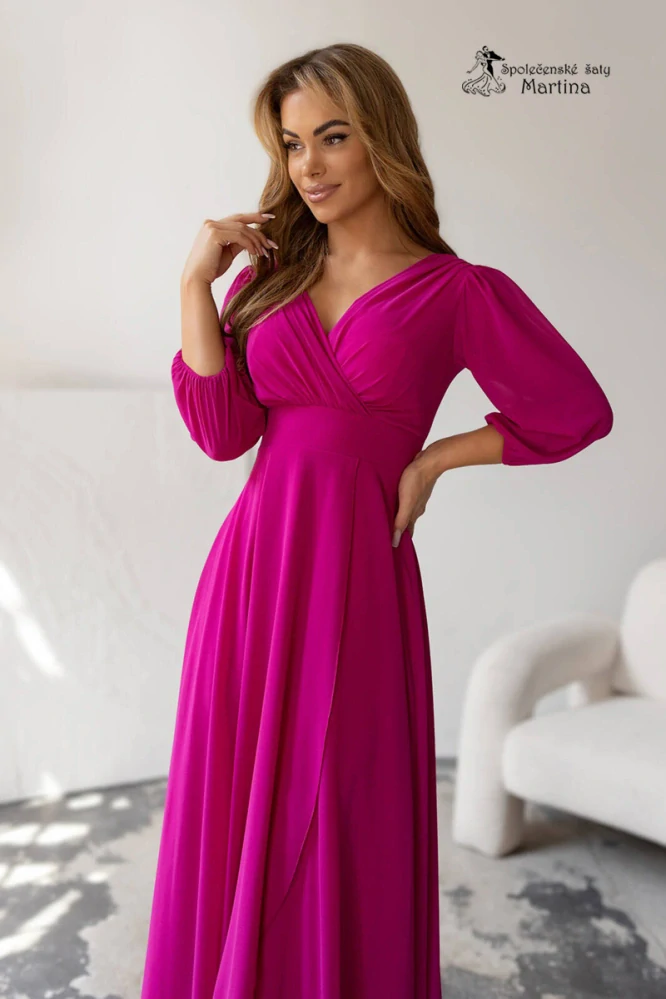 Fuchsiové dlouhé asymetrické šifonové šaty "Abigail" s ¾ rukávem