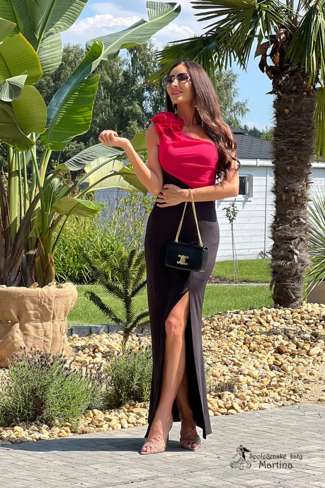 Dlouhé bodycon černo-malinové šaty "Alaia" na jedno rameno