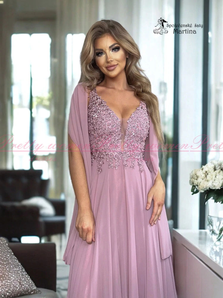 Starorůžové maturitní šaty "Jagoda" s šátkem přes ramena - vel. 40