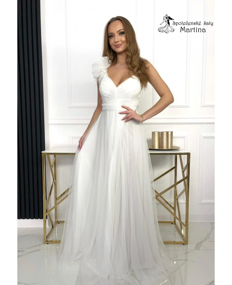 Bílé tylové svatební, popůlnoční šaty či na bílou prodlouženou "Milagros"