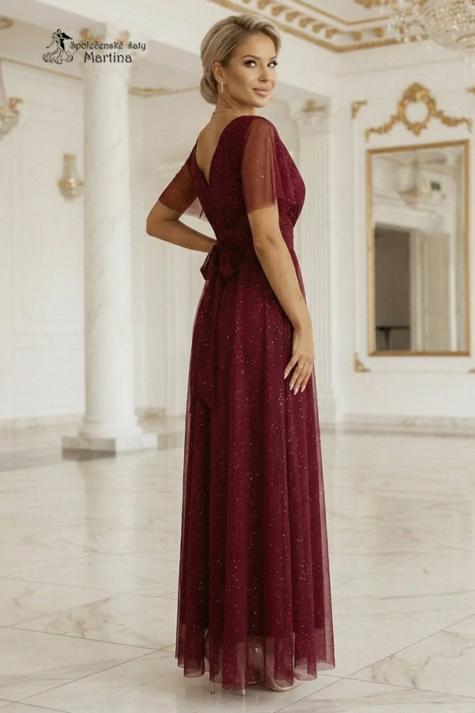 Vínové třpytivé společenské šaty "Melania" s volnými rukávky