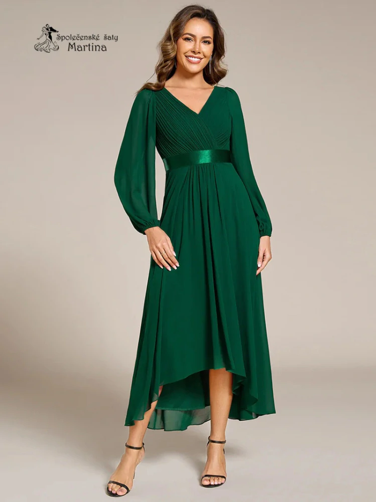 Lahvově zelené midi asymetrické šifonové společenské šaty "Angela" s rukávy