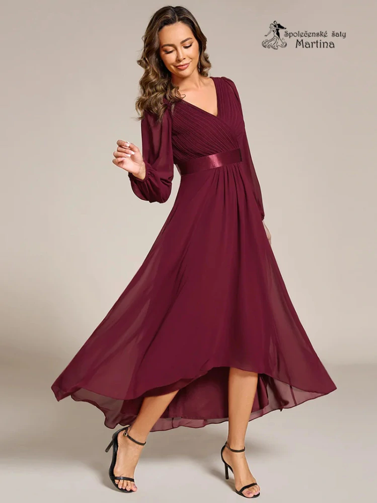 Vínové midi asymetrické šifonové společenské šaty "Angela" s rukávy