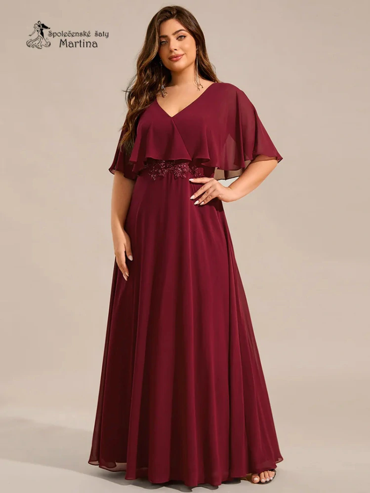 XXL vínové šifonové šaty "Valentine" s netopýřími rukávy - vel. 46