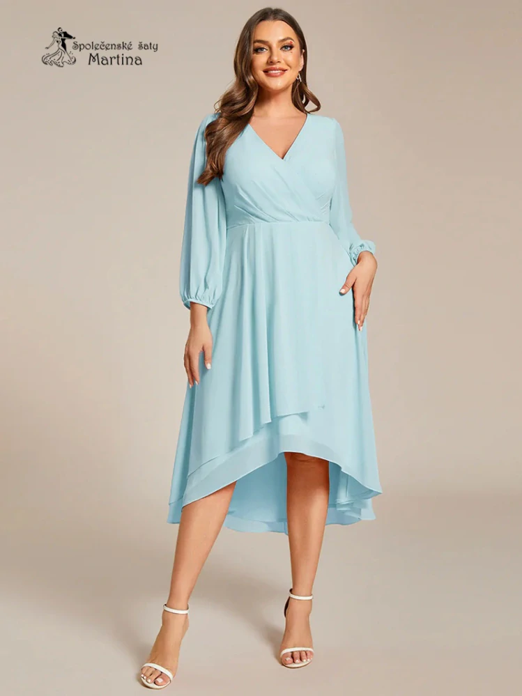 Světle modré midi asymetrické šifonové šaty s 3/4 rukávem "Hirah" - vel. 50