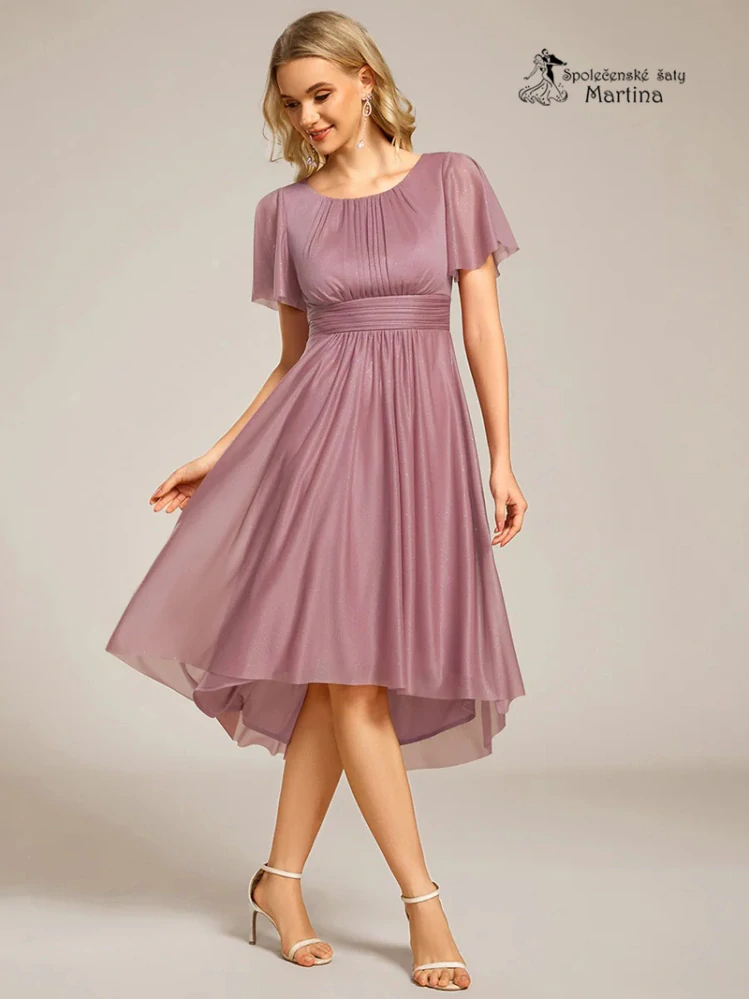 Starorůžové krátké midi jemně třpytivé šaty "Joel" s lodičkovým výstřihem