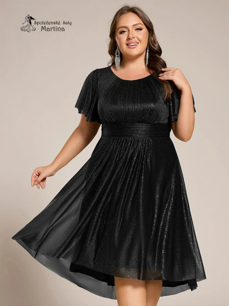 Černé plus size krátké midi jemně třpytivé šaty "Joel" s lodičkovým výstřihem