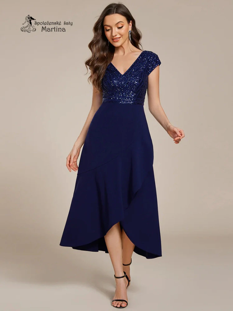 Tmavě modré midi společenské šaty "Cora" se zdobeným živůtkem