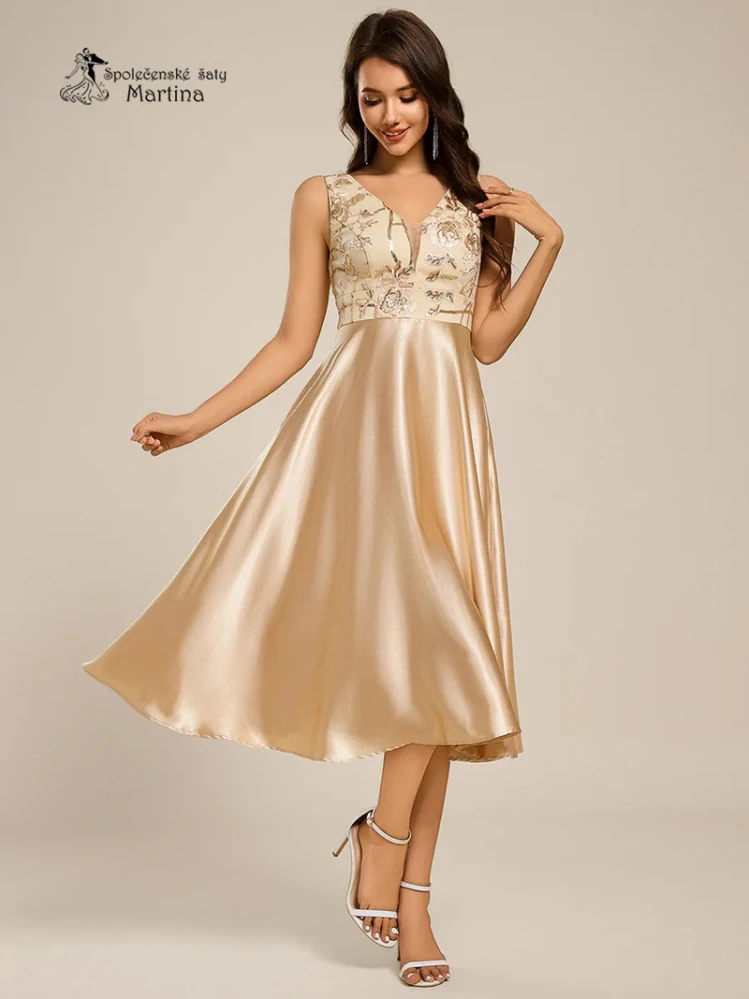 Champagne midi společenské šaty "Basmath" s pevnou saténovou sukní a zdobeným živůtkem