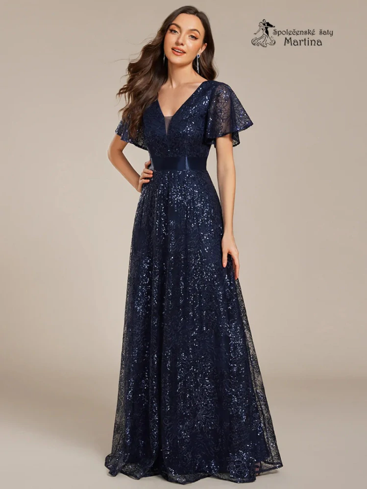 Tmavě modré dlouhé večerní plesové šaty "Jami" s krátkým volným rukávem - vel. 34