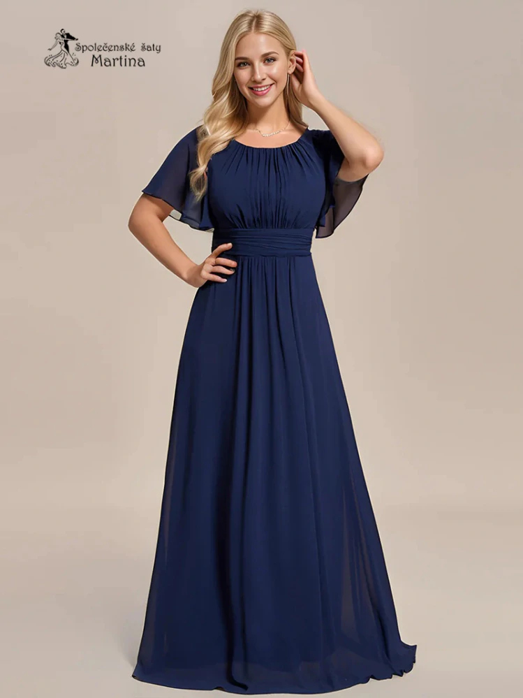Tmavě modré šifonové šaty s rukávkem a žabičkováním na zádech "Stela" - vel. 38