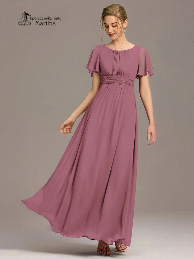 Starorůžové šifonové šaty s rukávkem a žabičkováním na zádech "Stela"