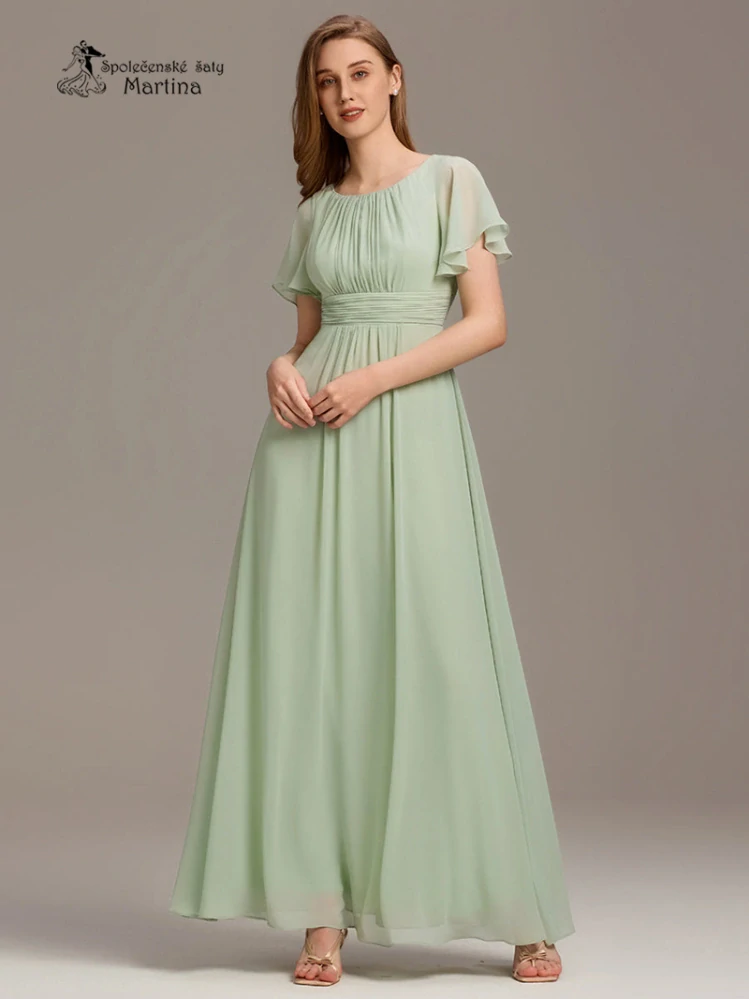 Světle zelené šifonové šaty s rukávkem a žabičkováním na zádech "Stela"
