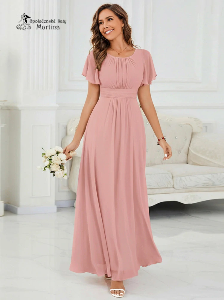 Růžové šifonové šaty s rukávkem a žabičkováním na zádech "Stela"