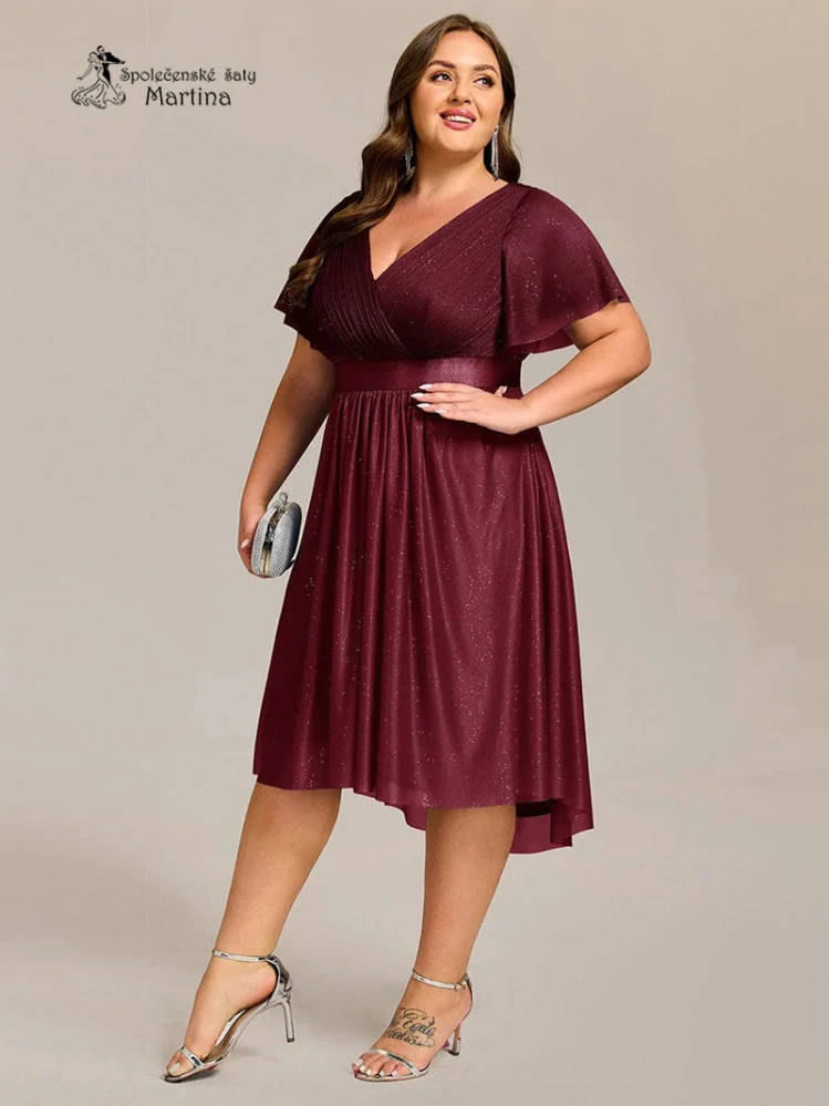 XXL vínové lehké, mírně asymetrické šaty "Bonita" s krátkými rukávy