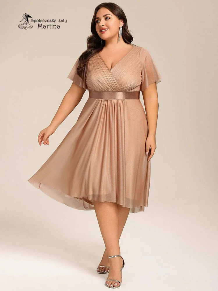 XXL zlato růžové lehké, mírně asymetrické šaty "Bonita" s krátkými rukávy