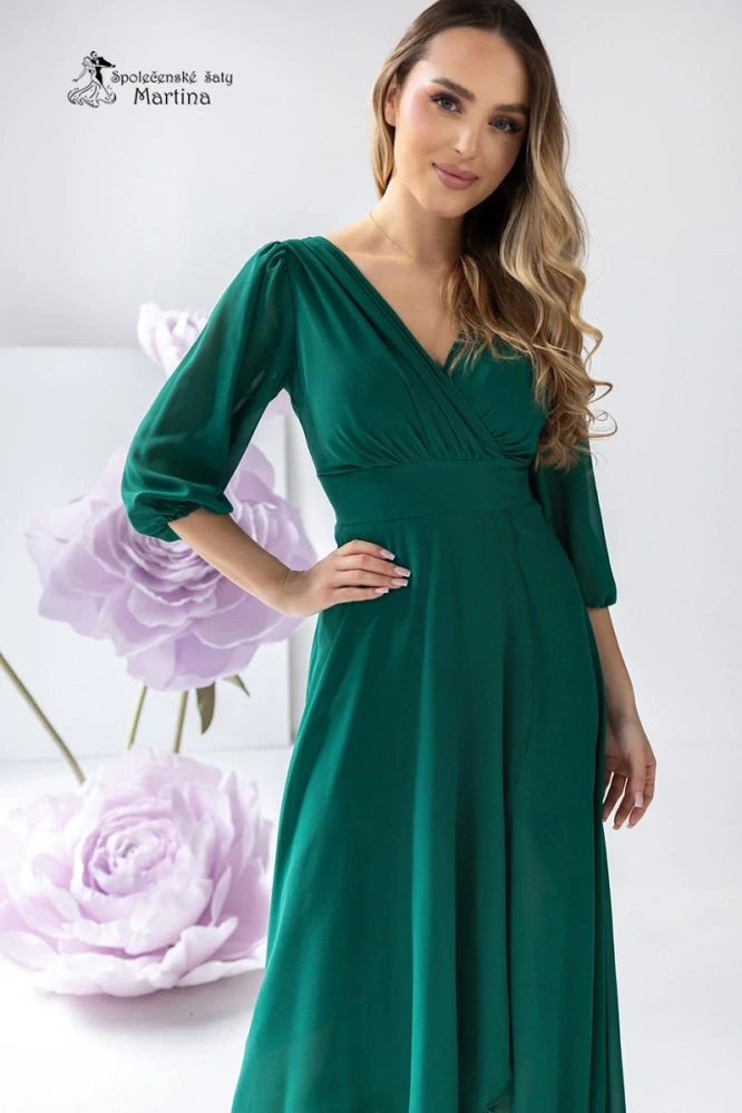 Zelené dlouhé asymetrické šifonové šaty "Abigail" s ¾ rukávem - vel. 36