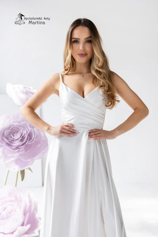 Svatební saténové šaty "Stella" s rozparkem a překládaným živůtkem
