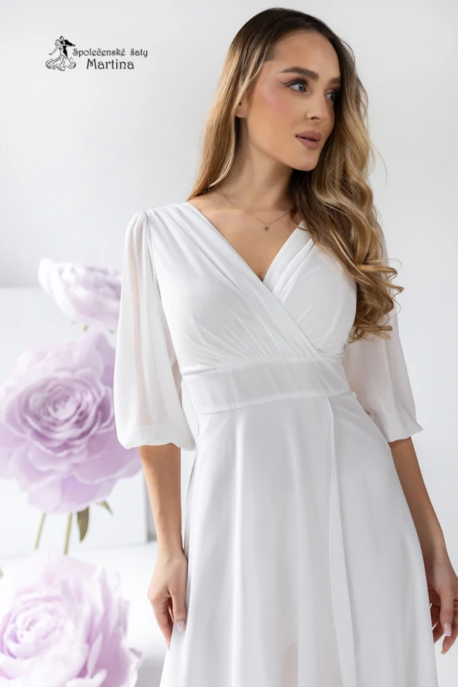 Dlouhé svatební asymetrické šifonové šaty "Abigail" s ¾ rukávem