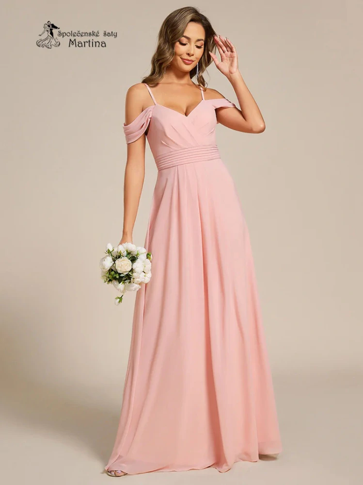 Světle růžové šaty pro družičku či svatební hostku se spadenými rukávy "Emina"