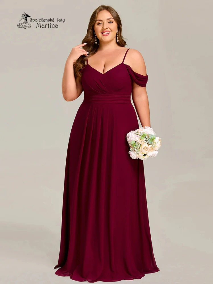 Vínové XXL šaty pro družičku či svatební hostku se spadenými rukávy "Emina"