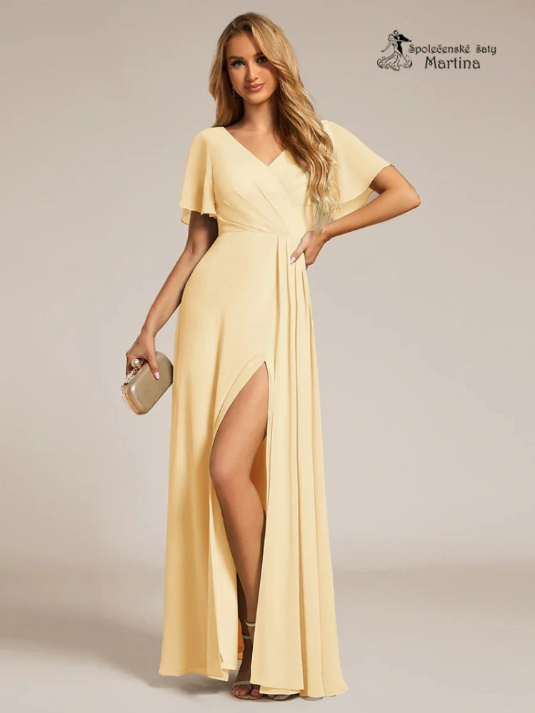 Elegantní žluté společenské šaty s volnějším krátkým rukávem "Janine"