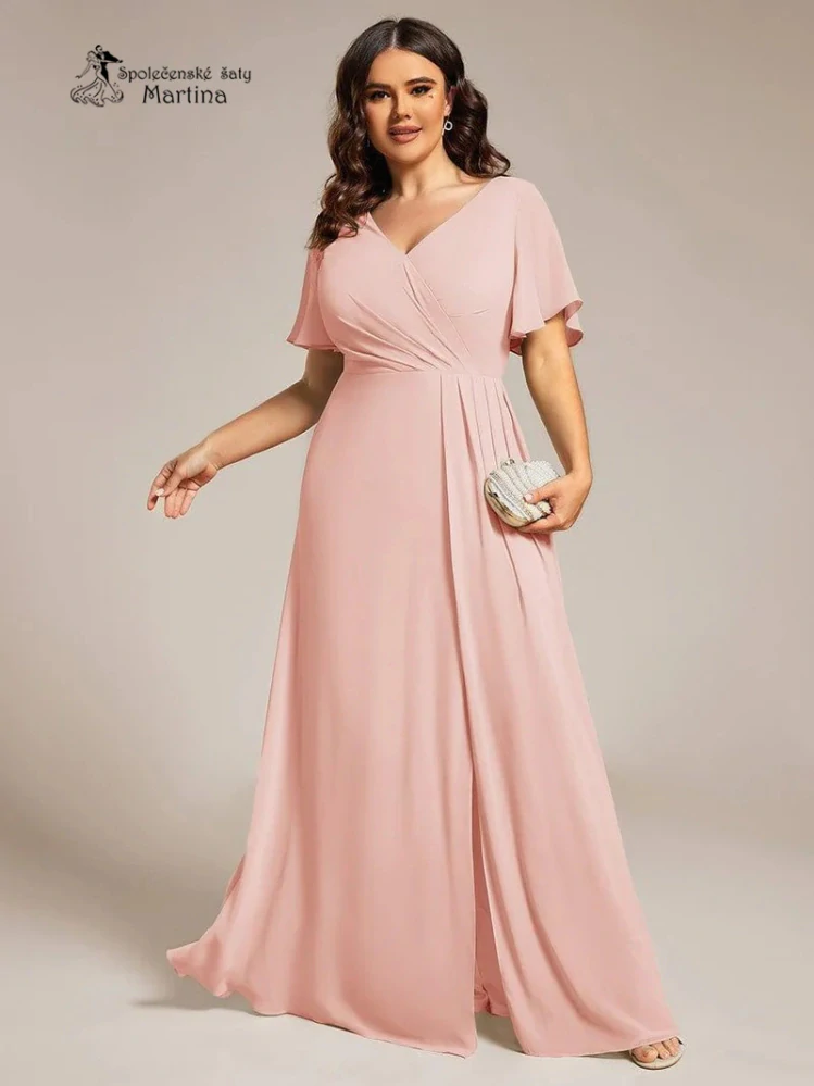 Elegantní růžové plus size společenské šaty s volnějším krátkým rukávem "Janine"