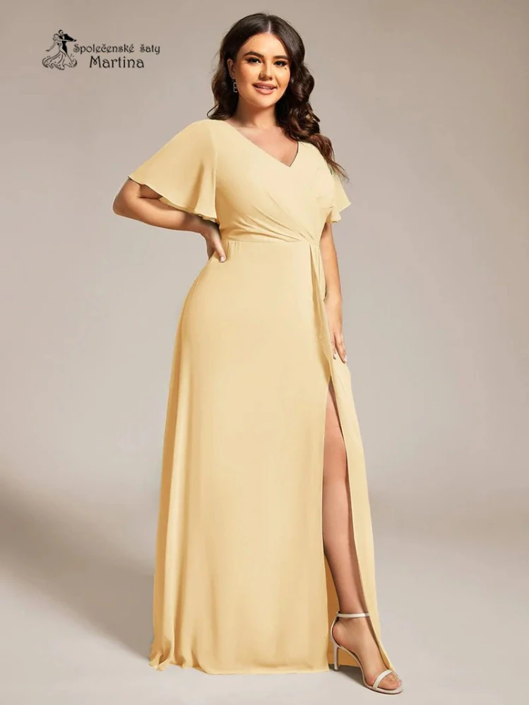 Elegantní žluté plus size společenské šaty s volnějším krátkým rukávem "Janine"