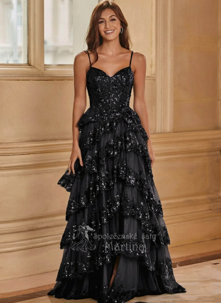 Černé tylovo-flitrové společenské šaty "Juanita" s volánovou sukní a rozparkem