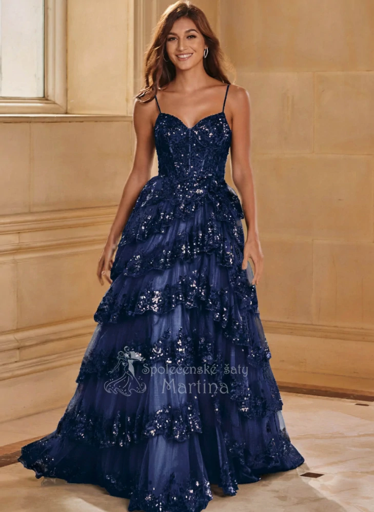 Tmavě modré tylovo-flitrové společenské šaty "Juanita" s volánovou sukní a rozparkem - vel. 42