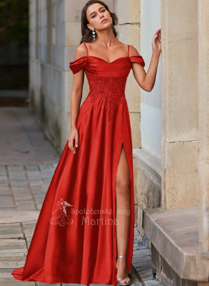 Červené saténové společenské šaty "Holly" s krajkovým korzetem a spadenými rameny - vel. 42