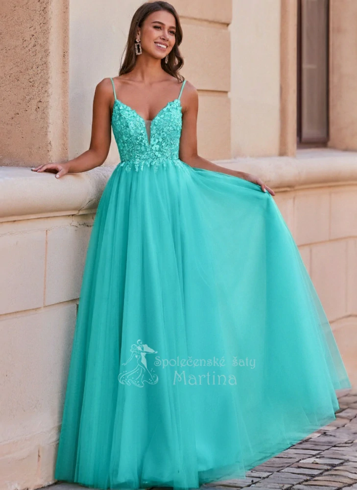Mintové tylové společenské šaty "Ophelia" s vyšívaným živůtkem a hlubokým výstřihem