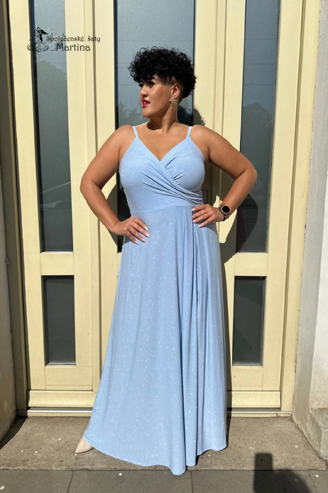 světle modré brokátové společenské šaty "Stella" s rozparkem a výstřihem do V