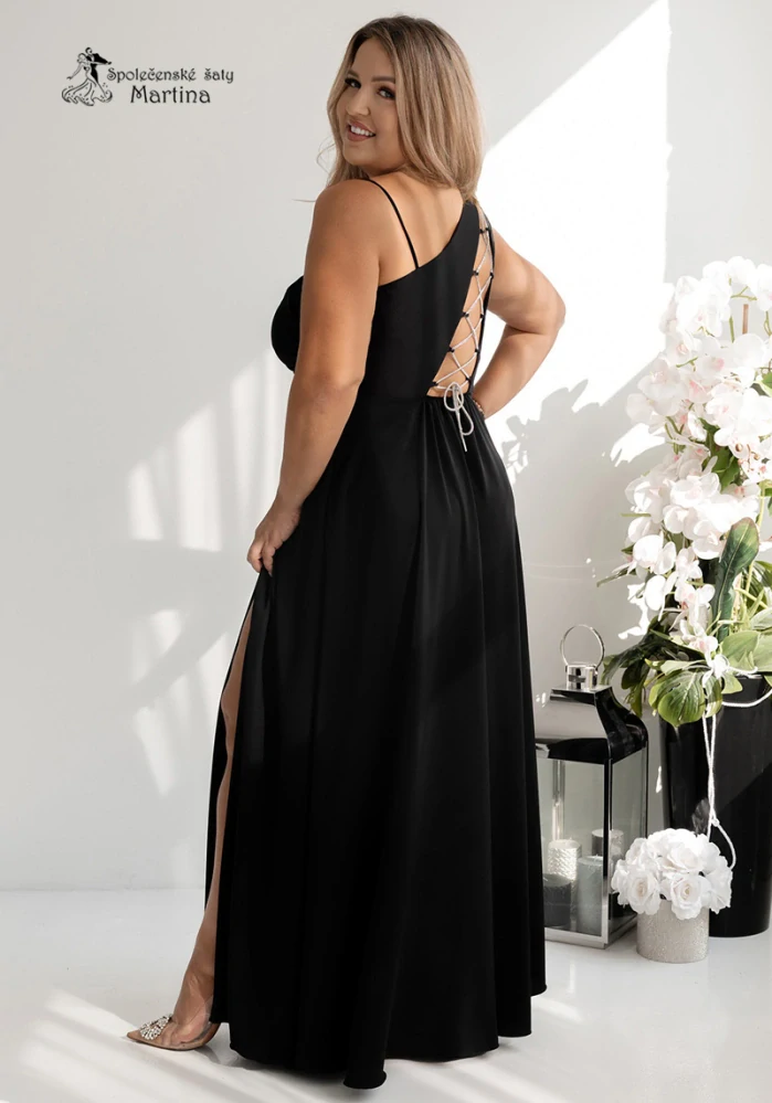 Černé společenské šaty "Monako" na jedno rameno a šněrováním na zádech