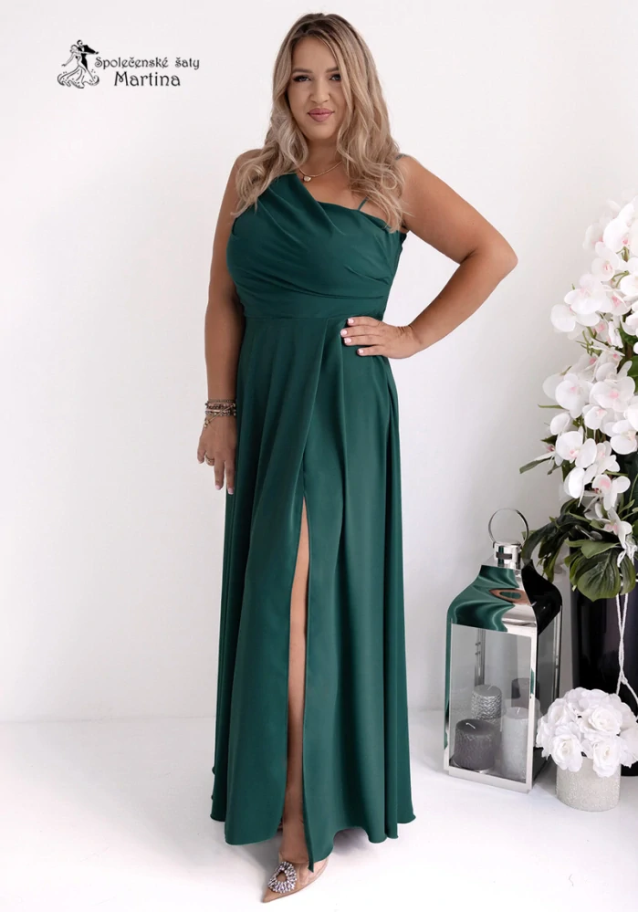Lahvově zelené společenské šaty "Monako" na jedno rameno a šněrováním na zádech